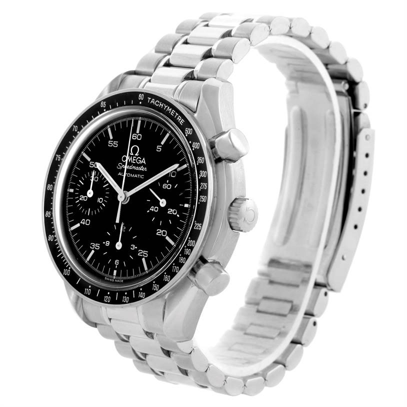 The Omega Speedmaster 3510.50.00 Men
s Stainless Steel Black Dial 3510.50.00 Men
s Stainless Steel Black Dial watch is shown at a three-quarter angle, highlighting its face, bezel, crown, pushers, and metal bracelet.