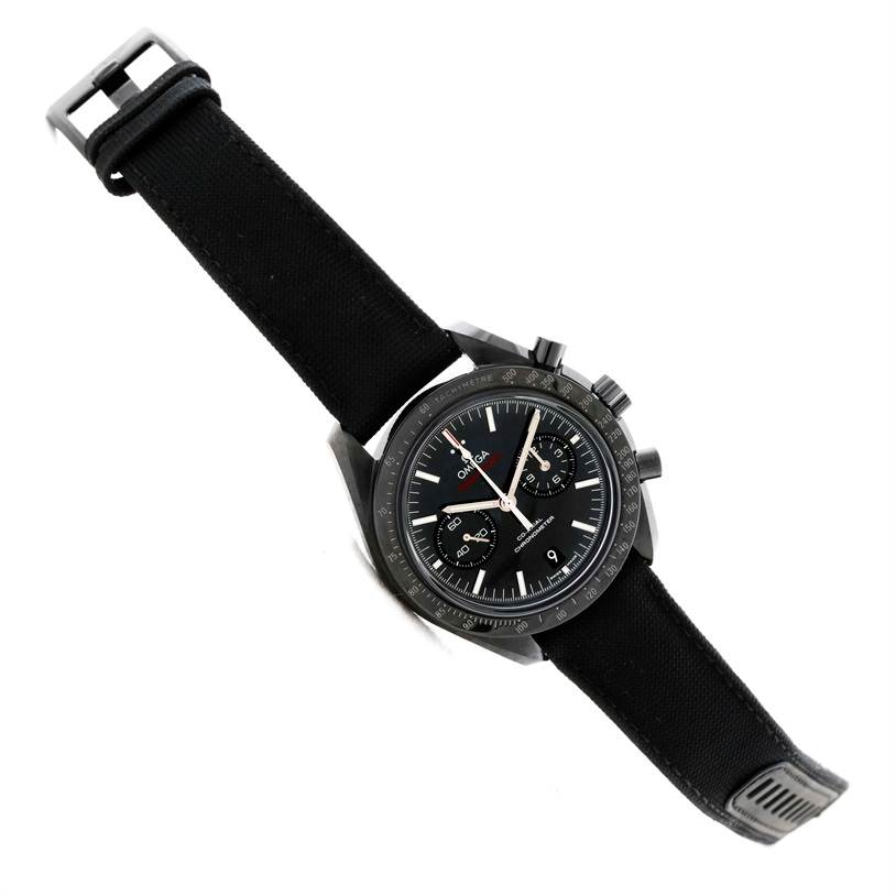 An Omega Speedmaster 311.92.44.51.01.003 Men's Stainless Steel Black Dial 311.92.44.51.01.003 Men's Stainless Steel Black Dial watch is shown at a slight angle, displaying the dial, three sub-dials, and a black fabric strap.