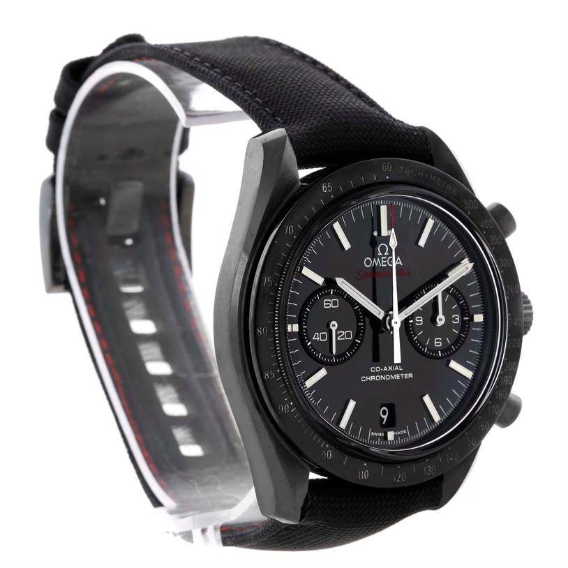 The Omega Speedmaster 311.92.44.51.01.003 Men's Stainless Steel Black Dial 311.92.44.51.01.003 Men's Stainless Steel Black Dial watch is shown at a slight angle, detailing the dial, crown, pushers, and black strap.