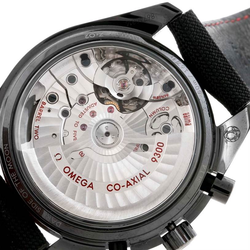 This image shows the back of an Omega Speedmaster 311.92.44.51.01.003 Men's Stainless Steel Black Dial 311.92.44.51.01.003 Men's Stainless Steel Black Dial watch, highlighting its co-axial 9300 caliber movement.