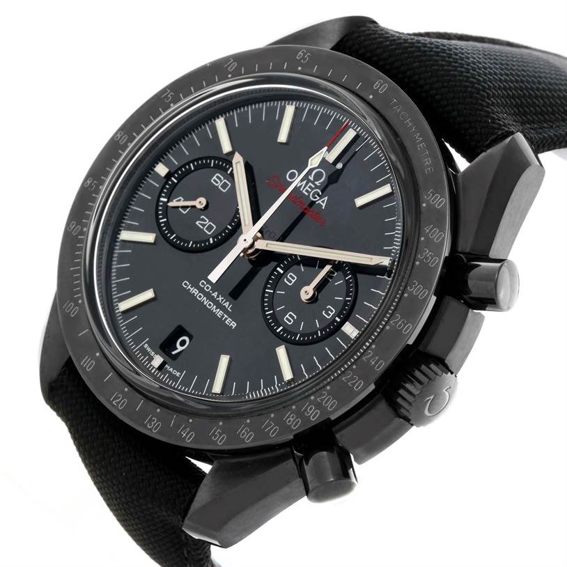 The image shows an angled side view of the Omega Speedmaster 311.92.44.51.01.003 Men's Stainless Steel Black Dial 311.92.44.51.01.003 Men's Stainless Steel Black Dial watch, highlighting the dial, subdials, crown, and pushers.