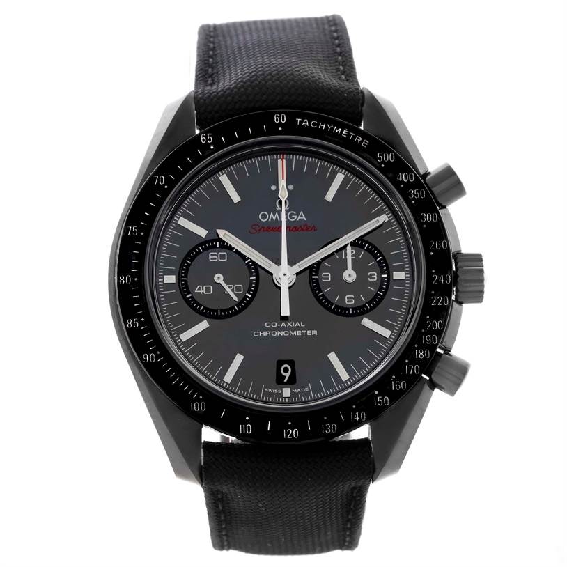 The image shows a front view of the Omega Speedmaster 311.92.44.51.01.003 Men's Stainless Steel Black Dial 311.92.44.51.01.003 Men's Stainless Steel Black Dial watch, highlighting the dial, chronograph subdials, and tachymeter bezel.