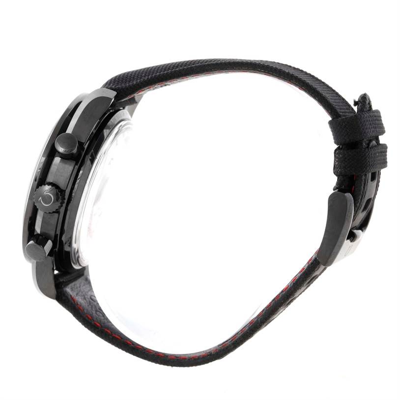 The image shows a side view of an Omega Speedmaster 311.92.44.51.01.003 Men's Stainless Steel Black Dial 311.92.44.51.01.003 Men's Stainless Steel Black Dial watch, highlighting its buttons and strap.