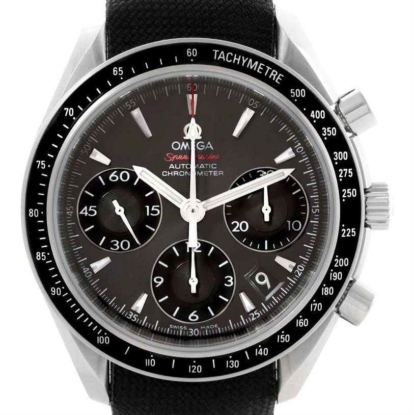 The image shows a front view of the Omega Speedmaster 323.32.40.40.06.001 Men
s Stainless Steel Grey Dial 323.32.40.40.06.001 Men
s Stainless Steel Grey Dial watch, highlighting its dial, subdials, tachymeter bezel, and chronograph pushers.