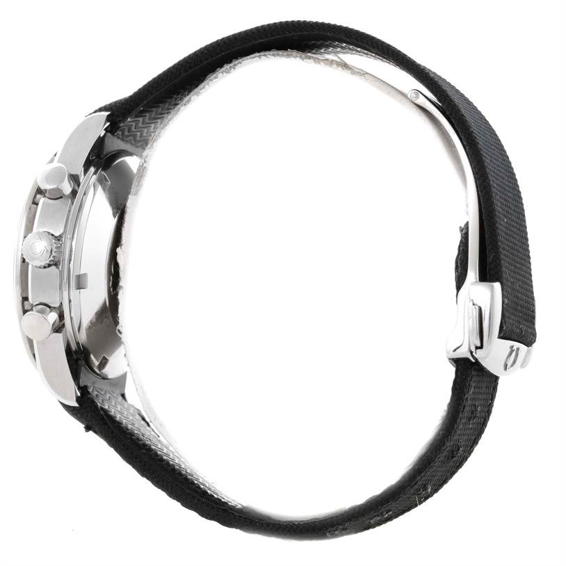 The image shows a side view of the Omega Speedmaster 323.32.40.40.06.001 Men
s Stainless Steel Grey Dial 323.32.40.40.06.001 Men
s Stainless Steel Grey Dial watch, highlighting the crown, pushers, case, and black strap.