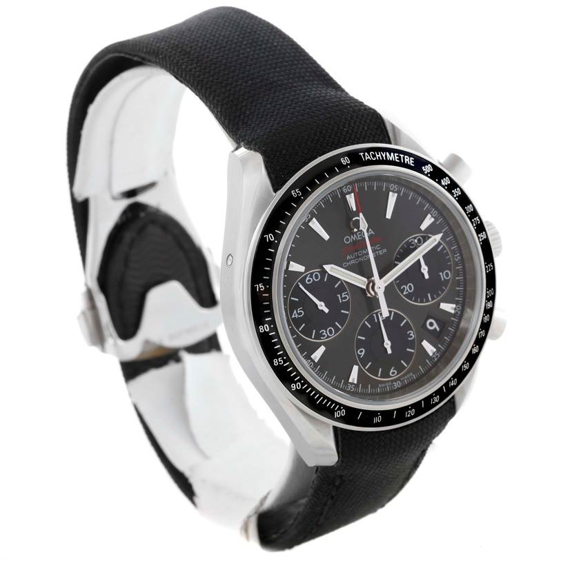 This image shows a side angle view of the Omega Speedmaster 323.32.40.40.06.001 Men
s Stainless Steel Grey Dial 323.32.40.40.06.001 Men
s Stainless Steel Grey Dial watch, highlighting its black dial, chronograph subdials, and tachymeter bezel.