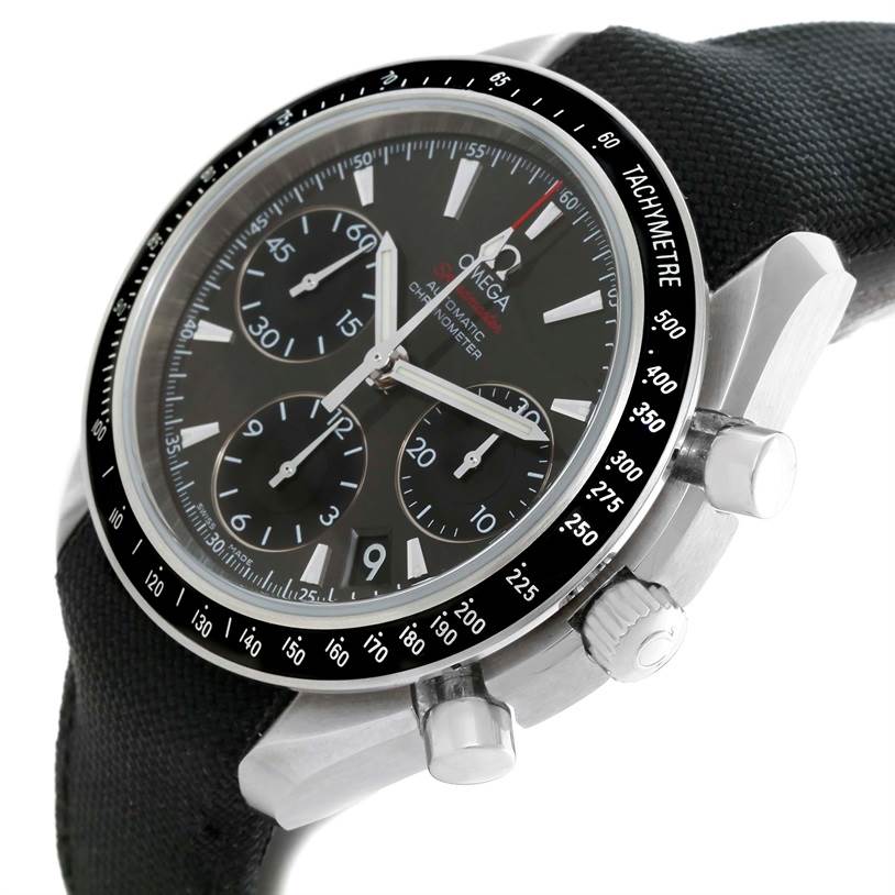 The image shows an Omega Speedmaster 323.32.40.40.06.001 Men
s Stainless Steel Grey Dial 323.32.40.40.06.001 Men
s Stainless Steel Grey Dial watch at a slight side angle, highlighting the face, bezel with tachymeter, pushers, and crown.