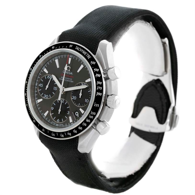 The Omega Speedmaster 323.32.40.40.06.001 Men
s Stainless Steel Grey Dial 323.32.40.40.06.001 Men
s Stainless Steel Grey Dial watch is shown at an angle displaying the face, side buttons, and a black strap.