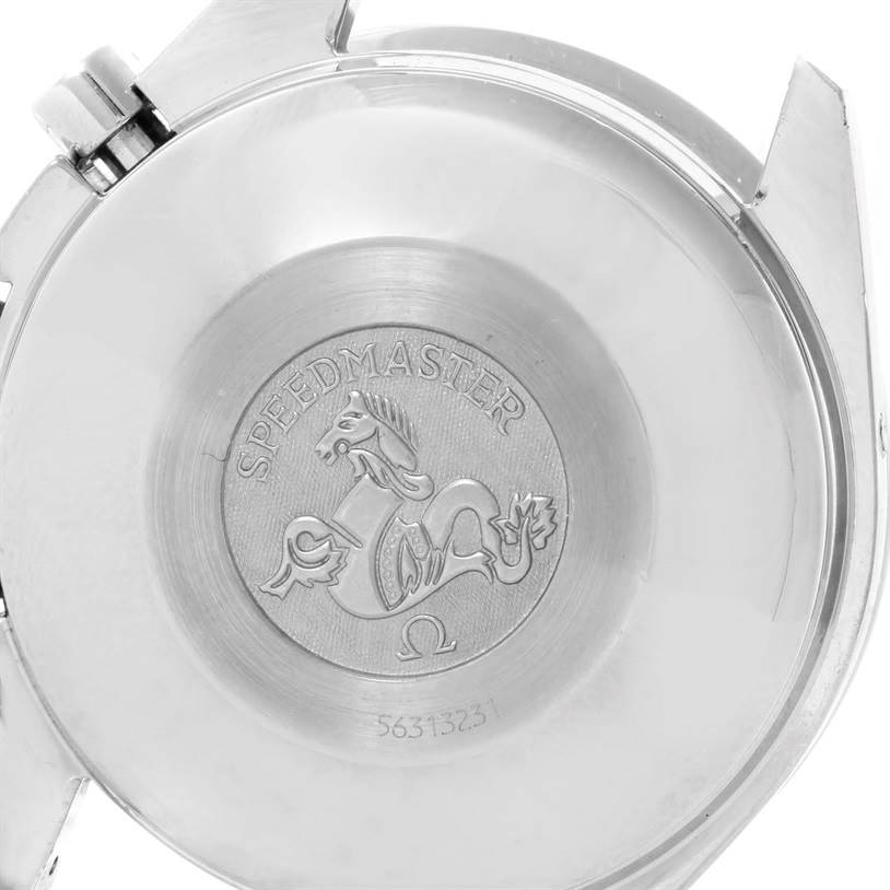 The image shows the case back of an Omega Speedmaster 3523.80.00 Men
s Stainless Steel Blue Dial 3523.80.00 Men
s Stainless Steel Blue Dial watch, featuring the engraved logo and model name.