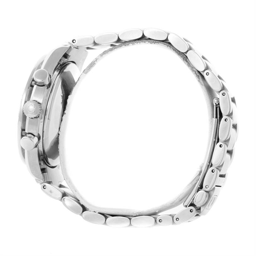 The image shows a side profile view of the Omega Speedmaster 3523.80.00 Men
s Stainless Steel Blue Dial 3523.80.00 Men
s Stainless Steel Blue Dial watch, highlighting its case, pushers, crown, and metal bracelet.