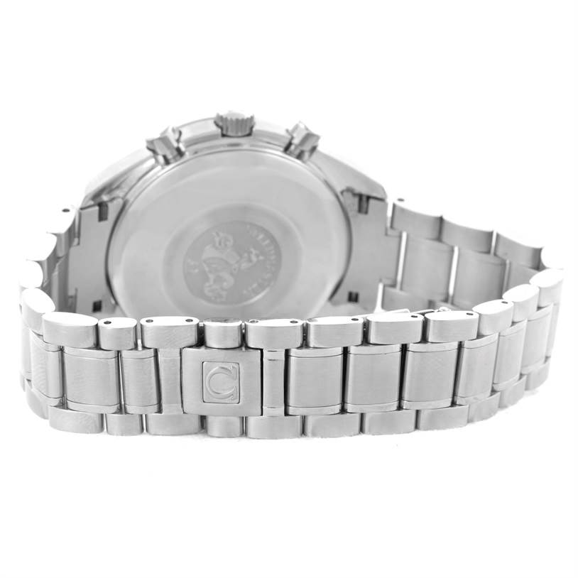 The image shows the back and clasp of an Omega Speedmaster 3523.80.00 Men
s Stainless Steel Blue Dial 3523.80.00 Men
s Stainless Steel Blue Dial watch, highlighting the bracelet and case back.