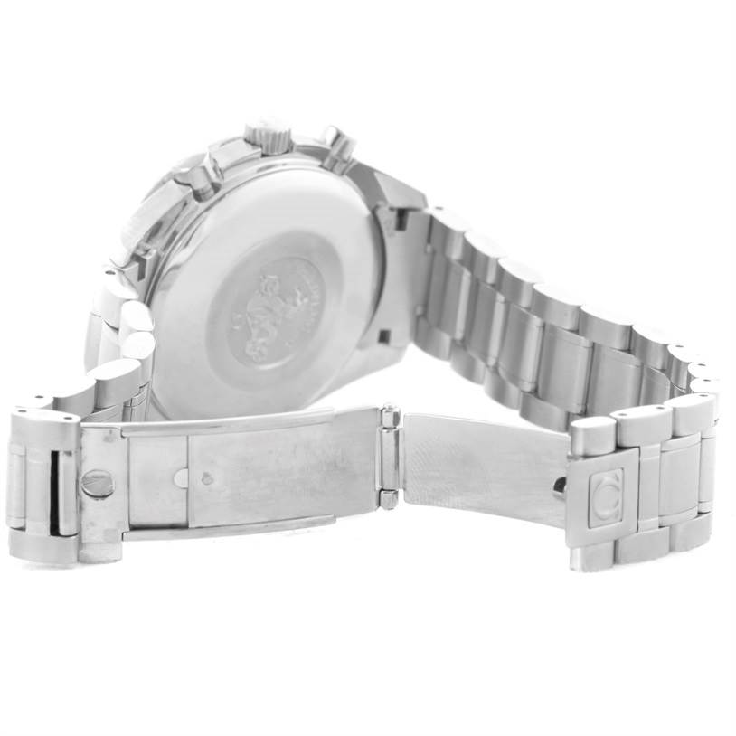 The image shows the Omega Speedmaster 3523.80.00 Men
s Stainless Steel Blue Dial 3523.80.00 Men
s Stainless Steel Blue Dial from a rear angle, focusing on its closed clasp and stainless steel bracelet.