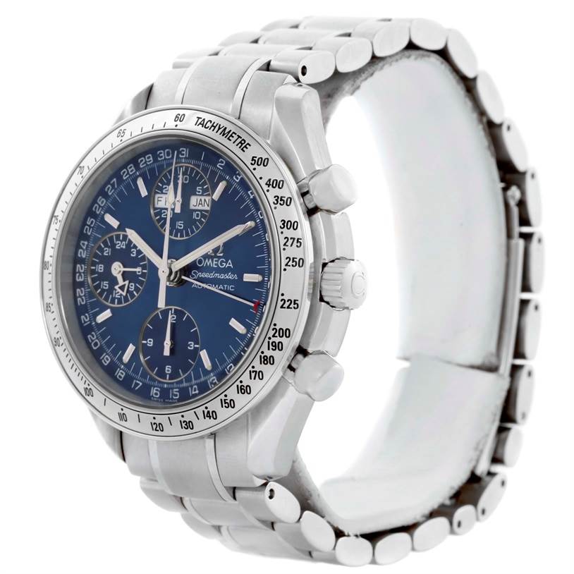 The image shows an Omega Speedmaster 3523.80.00 Men
s Stainless Steel Blue Dial 3523.80.00 Men
s Stainless Steel Blue Dial watch at a three-quarter angle, highlighting the face, bezel, crown, pushers, and metal bracelet.