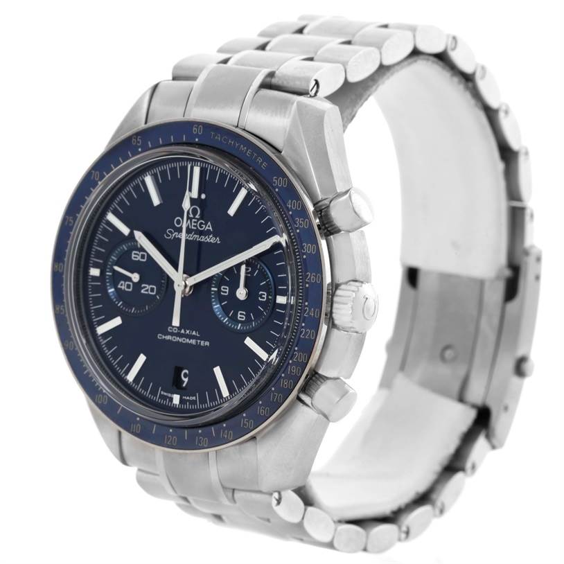 The image shows a side angle of the Omega Speedmaster 311.90.44.51.03.001 Men
s Titanium Blue Dial 311.90.44.51.03.001 Men
s Titanium Blue Dial watch, displaying the dial, bezel, and stainless steel bracelet.