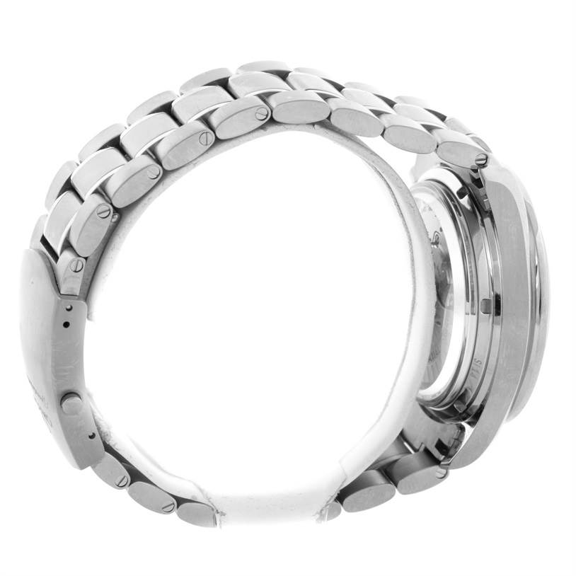 The image shows a side profile of the Omega Speedmaster 311.90.44.51.03.001 Men
s Titanium Blue Dial 311.90.44.51.03.001 Men
s Titanium Blue Dial watch highlighting its metal bracelet and partially visible case back.