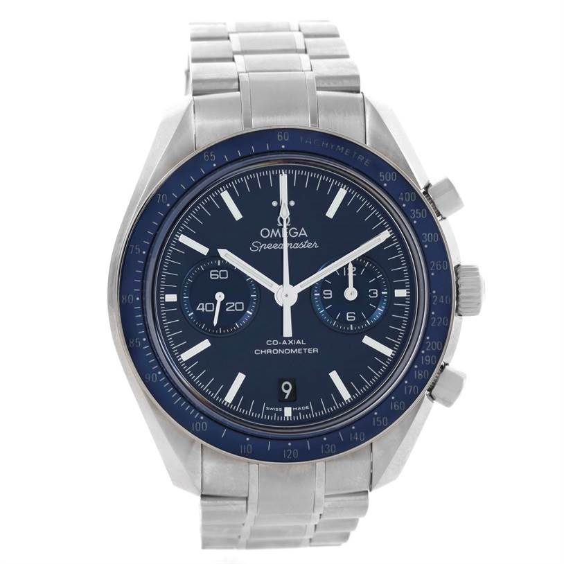 The image shows the front view of an Omega Speedmaster 311.90.44.51.03.001 Men
s Titanium Blue Dial 311.90.44.51.03.001 Men
s Titanium Blue Dial watch, highlighting its face, bezel, and bracelet.