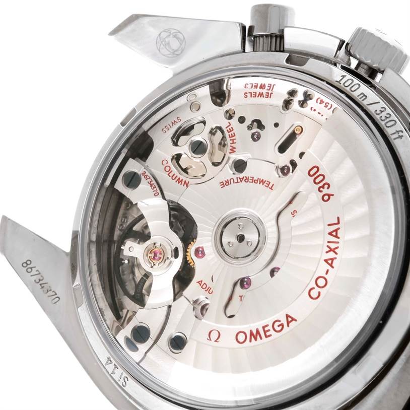 This image shows the back view of the Omega Speedmaster 311.90.44.51.03.001 Men
s Titanium Blue Dial 311.90.44.51.03.001 Men
s Titanium Blue Dial watch, highlighting the intricate details of its Co-Axial 9300 movement.