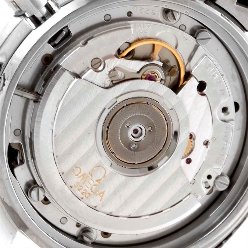 This image shows the intricate movement mechanism of the Omega Speedmaster 3510.50.00 Men
s Stainless Steel Black Dial 3510.50.00 Men
s Stainless Steel Black Dial watch, viewed from the back.