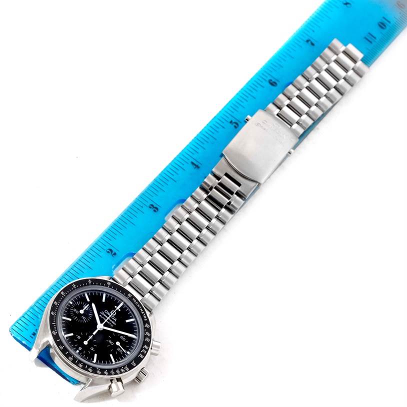 The Omega Speedmaster 3510.50.00 Men
s Stainless Steel Black Dial 3510.50.00 Men
s Stainless Steel Black Dial watch is shown from a top-down angle, displaying the watch face, stainless steel bracelet, and clasp.