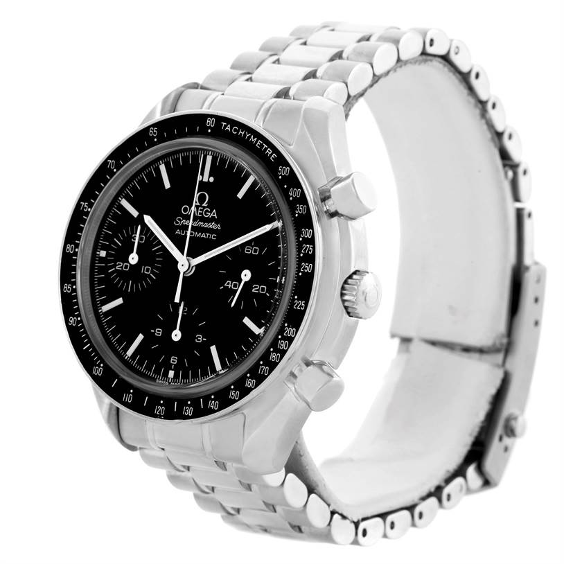 This is a side angle view of the Omega Speedmaster 3510.50.00 Men
s Stainless Steel Black Dial 3510.50.00 Men
s Stainless Steel Black Dial watch, displaying the case, bracelet, crown, and chronograph pushers.
