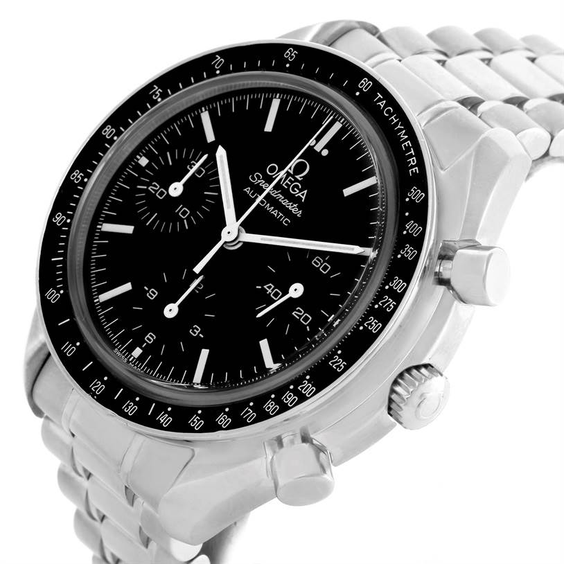 The image shows an Omega Speedmaster 3510.50.00 Men
s Stainless Steel Black Dial 3510.50.00 Men
s Stainless Steel Black Dial watch at an angle highlighting the face, bezel, chronograph buttons, and metal bracelet.