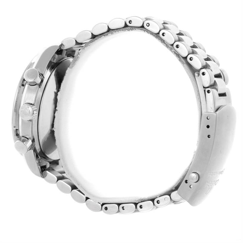 The image shows a side view of an Omega Speedmaster 3510.50.00 Men
s Stainless Steel Black Dial 3510.50.00 Men
s Stainless Steel Black Dial watch, highlighting the buttons, crown, and bracelet.