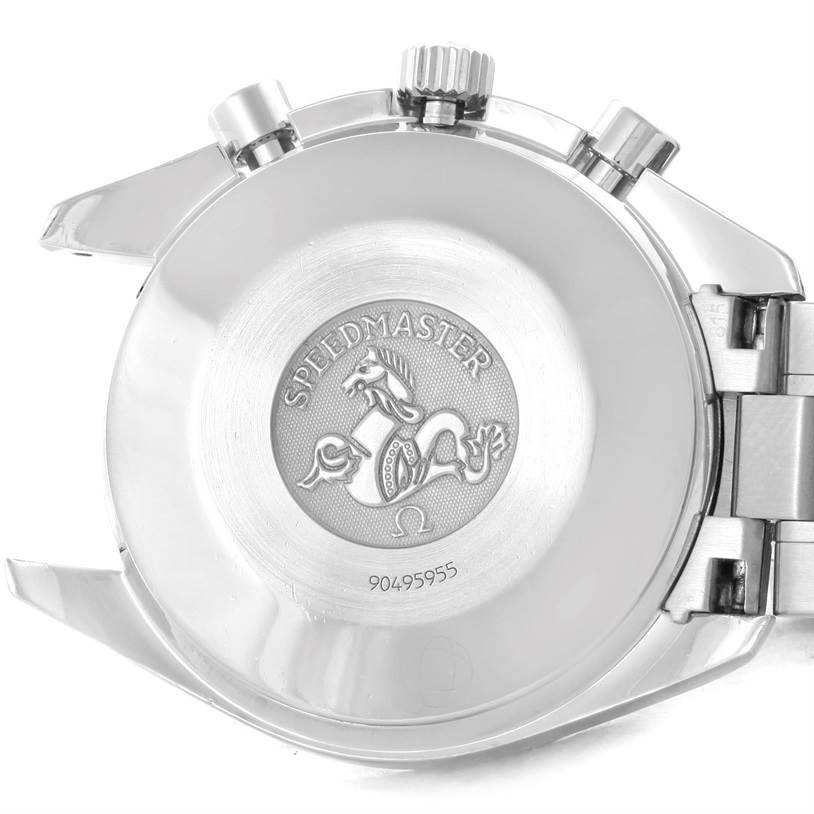 This is a view of the case back, crown, and pushers of an Omega Speedmaster 3510.50.00 Men
s Stainless Steel Black Dial 3510.50.00 Men
s Stainless Steel Black Dial watch.