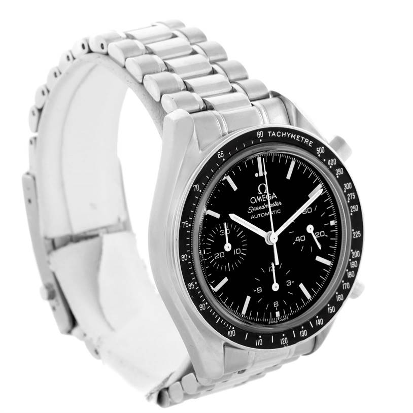 This Omega Speedmaster 3510.50.00 Men
s Stainless Steel Black Dial 3510.50.00 Men
s Stainless Steel Black Dial watch is shown at a three-quarter angle displaying its face, bezel, and metal bracelet.
