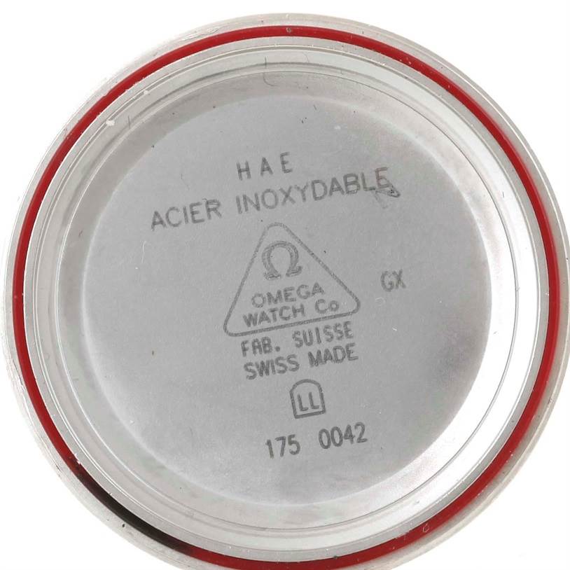 This image shows the inside of the case back of an Omega Speedmaster 3510.50.00 Men
s Stainless Steel Black Dial 3510.50.00 Men
s Stainless Steel Black Dial watch, featuring specifications and branding.