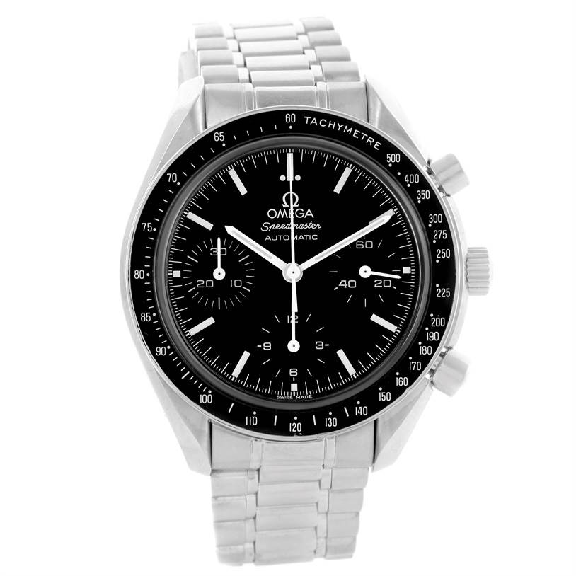 This Omega Speedmaster 3510.50.00 Men
s Stainless Steel Black Dial 3510.50.00 Men
s Stainless Steel Black Dial watch is shown from the front, highlighting its dial, tachymeter bezel, and metal bracelet.