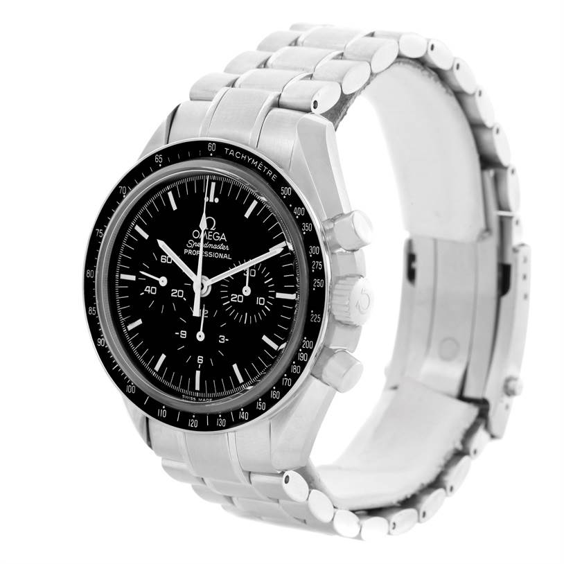 The Omega Speedmaster 3573.50.00 Men
s Stainless Steel Black Dial 3573.50.00 Men
s Stainless Steel Black Dial watch is shown at a slight angle highlighting the face, bezel, pushers, and bracelet.