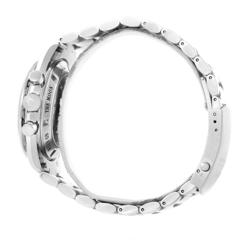 The image shows a side view of an Omega Speedmaster 3573.50.00 Men
s Stainless Steel Black Dial 3573.50.00 Men
s Stainless Steel Black Dial watch displaying its casing, crown, pushers, and part of the metal bracelet.