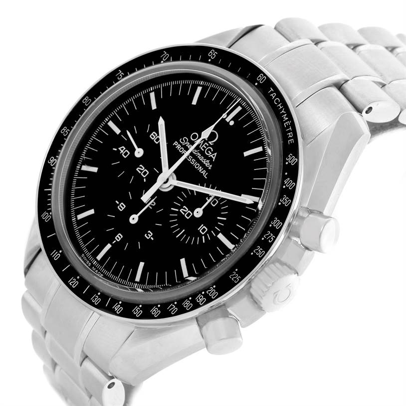 The Omega Speedmaster 3573.50.00 Men
s Stainless Steel Black Dial 3573.50.00 Men
s Stainless Steel Black Dial watch is shown at an angle displaying its face, bezel, and bracelet.