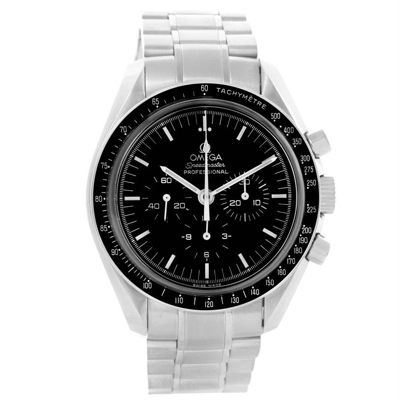 The image shows a front view of the Omega Speedmaster 3573.50.00 Men
s Stainless Steel Black Dial 3573.50.00 Men
s Stainless Steel Black Dial watch, highlighting its dial, bezel, and stainless steel bracelet.