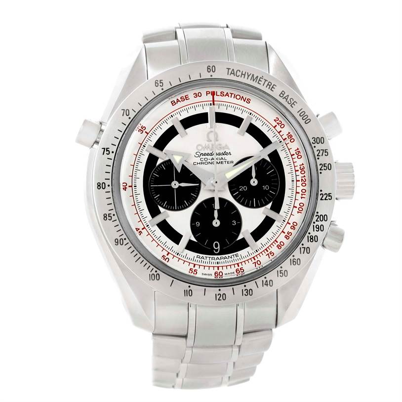 The image shows a front view of an Omega Speedmaster 3582.31.00 Men
s Stainless Steel White Dial 3582.31.00 Men
s Stainless Steel White Dial watch, highlighting its dial, bezel, and bracelet.