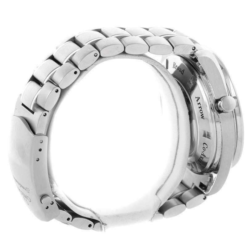 The image shows the side view of an Omega Speedmaster 3582.31.00 Men
s Stainless Steel White Dial 3582.31.00 Men
s Stainless Steel White Dial watch, highlighting the bracelet and crown.