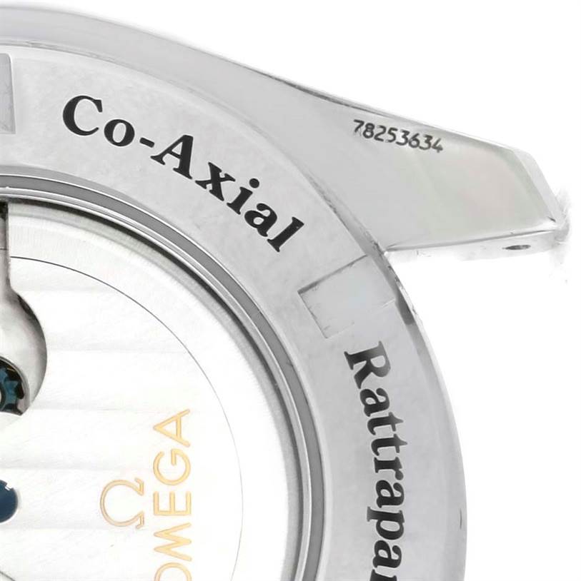 This image shows the case back and part of the lugs of an Omega Speedmaster 3582.31.00 Men
s Stainless Steel White Dial 3582.31.00 Men
s Stainless Steel White Dial watch, highlighting the "Co-Axial" and "Rattrapante" text.