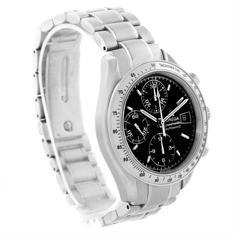 The Omega Speedmaster 3513.50.00 Men
s Stainless Steel Black Dial 3513.50.00 Men
s Stainless Steel Black Dial is shown at a three-quarter angle, highlighting the face, bezel, and bracelet.