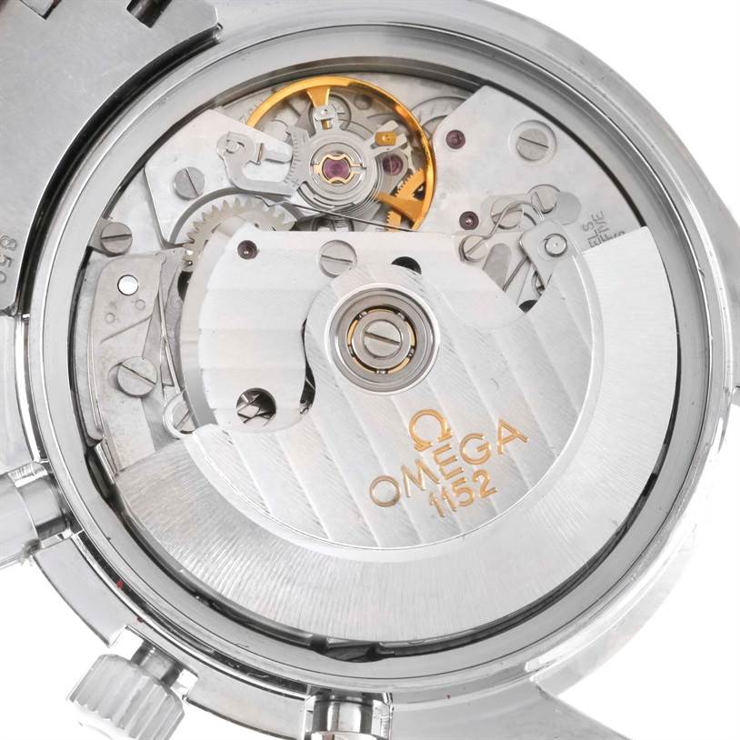 This image shows the inner mechanism of the Omega Speedmaster 3513.50.00 Men
s Stainless Steel Black Dial 3513.50.00 Men
s Stainless Steel Black Dial watch, highlighting the movement and rotor components.