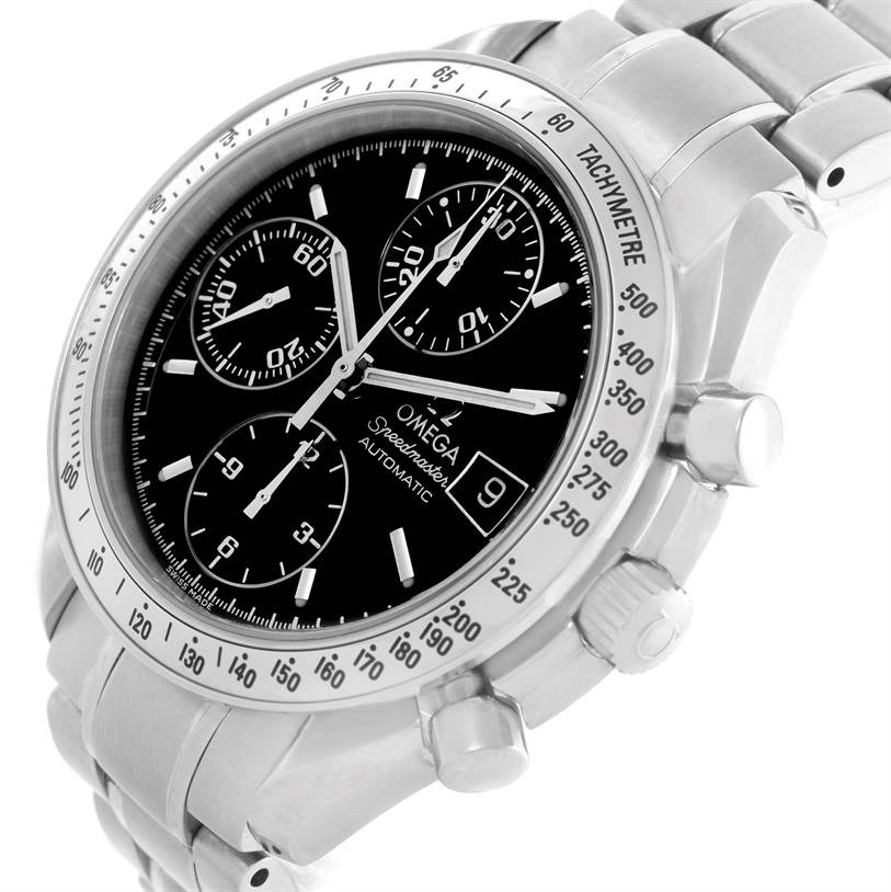 This image shows an Omega Speedmaster 3513.50.00 Men
s Stainless Steel Black Dial 3513.50.00 Men
s Stainless Steel Black Dial watch at an angle highlighting the face, subdials, crown, pushers, and part of the metal bracelet.