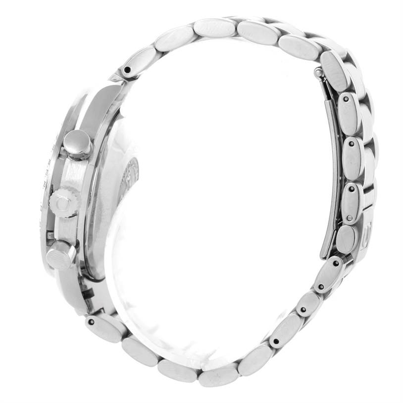 This image shows a side view of the Omega Speedmaster 3513.50.00 Men
s Stainless Steel Black Dial 3513.50.00 Men
s Stainless Steel Black Dial watch, highlighting the bracelet and the crown with pushers.