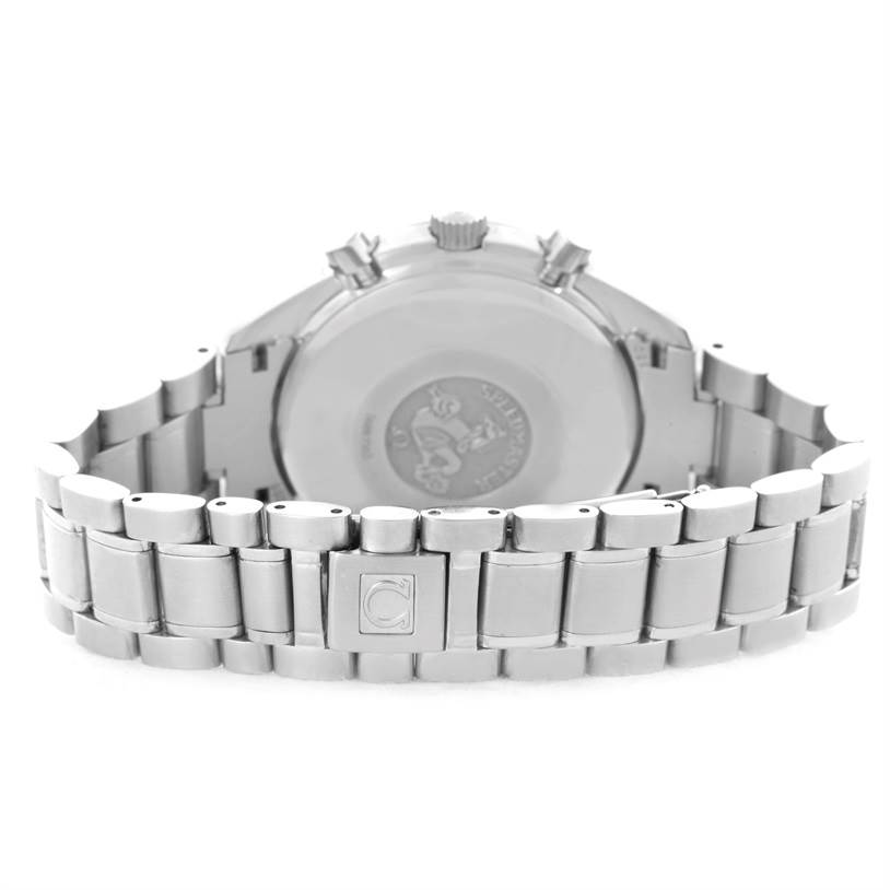 The image shows the back of an Omega Speedmaster 3513.50.00 Men
s Stainless Steel Black Dial 3513.50.00 Men
s Stainless Steel Black Dial watch, highlighting its stainless steel case back and bracelet with the clasp.