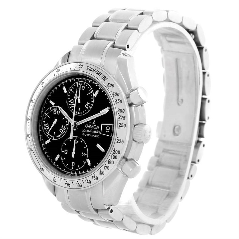 The image shows an Omega Speedmaster watch at a three-quarter angle, highlighting its face, bracelet, and side buttons.