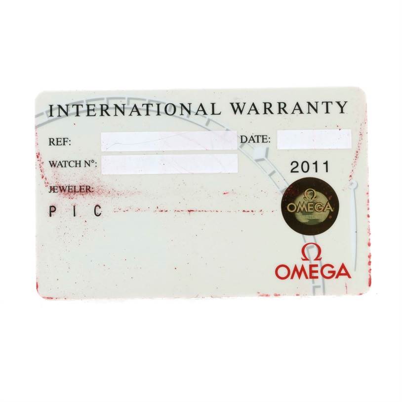 This image shows the front of an international warranty card for the Omega Speedmaster 3513.50.00 Men
s Stainless Steel Black Dial 3513.50.00 Men
s Stainless Steel Black Dial watch model.