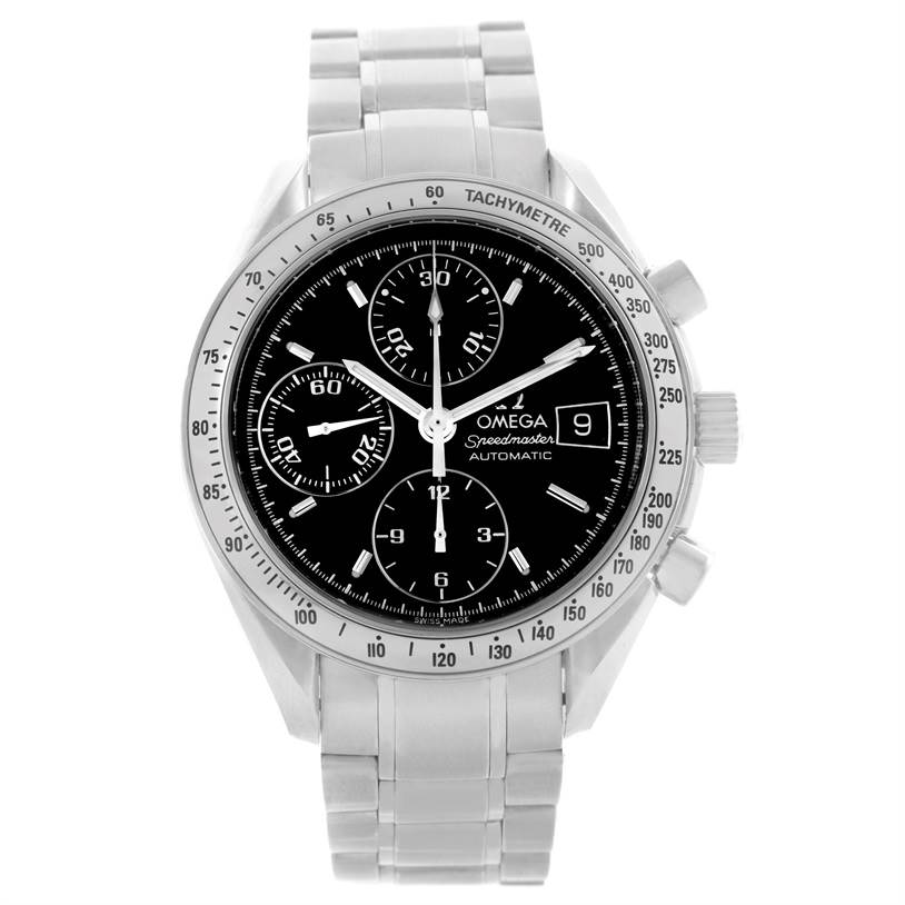 This is a front view of the Omega Speedmaster 3513.50.00 Men
s Stainless Steel Black Dial 3513.50.00 Men
s Stainless Steel Black Dial watch, showing its black dial, tachymeter bezel, and stainless steel bracelet.