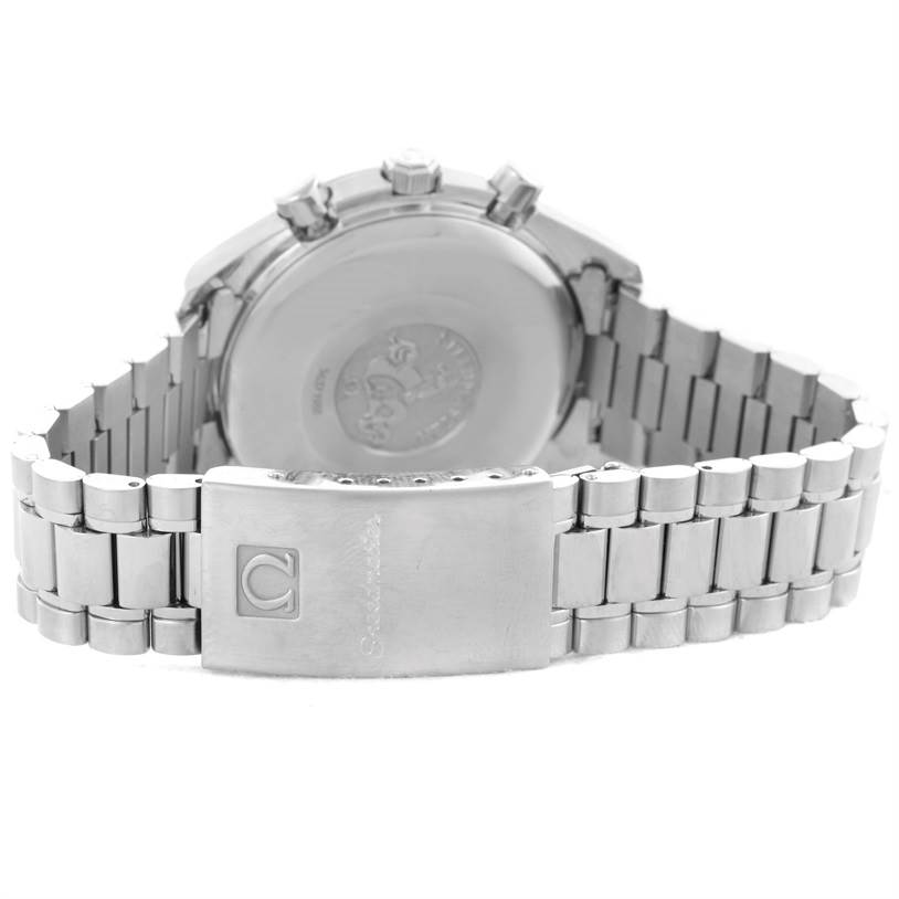 This image shows the back case and metal bracelet clasp of the Omega Speedmaster 3523.80.00 Men
s Stainless Steel Blue Dial 3523.80.00 Men
s Stainless Steel Blue Dial watch at an angle.