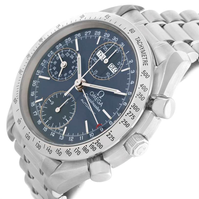 The Omega Speedmaster 3523.80.00 Men
s Stainless Steel Blue Dial 3523.80.00 Men
s Stainless Steel Blue Dial watch is shown at an oblique angle, highlighting the dial, subdials, bezel, and stainless steel bracelet.