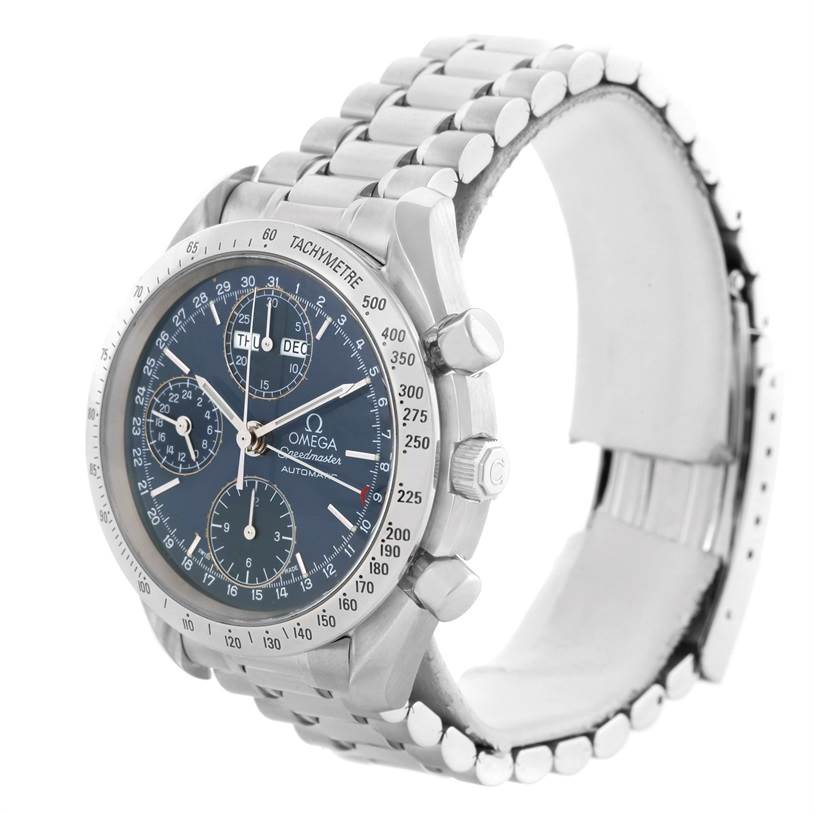 The image shows a side and front angle of an Omega Speedmaster 3523.80.00 Men
s Stainless Steel Blue Dial 3523.80.00 Men
s Stainless Steel Blue Dial watch, including its bezel, dial, crown, and bracelet.