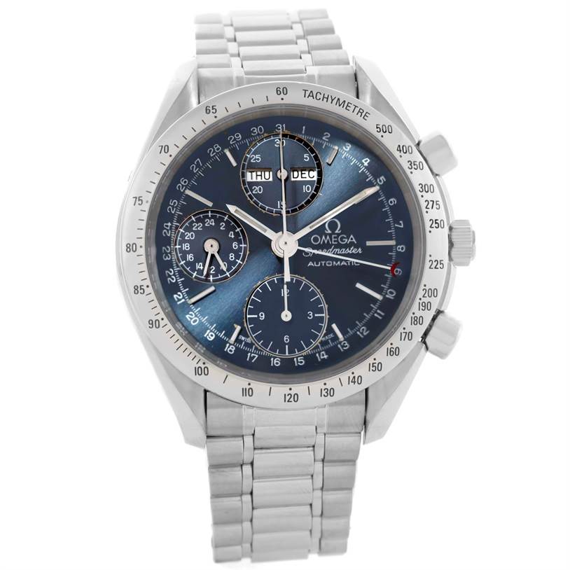 This image shows a front view of an Omega Speedmaster 3523.80.00 Men
s Stainless Steel Blue Dial 3523.80.00 Men
s Stainless Steel Blue Dial watch, highlighting its dials, tachymeter bezel, and stainless steel bracelet.