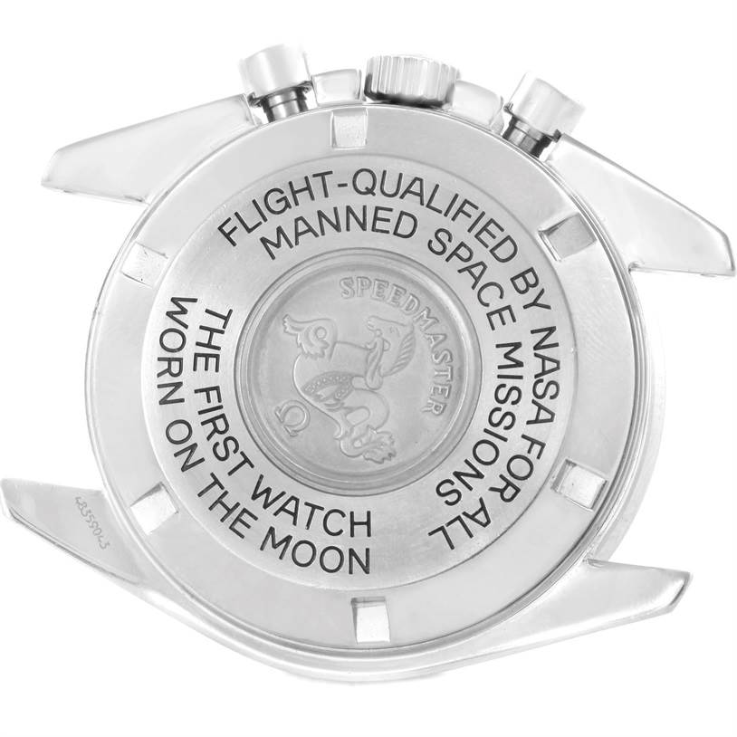 This image shows the case back and lugs of the Omega Speedmaster Men
s Stainless Steel Black Dial Men
s Stainless Steel Black Dial watch, highlighting its engraved text and emblem.